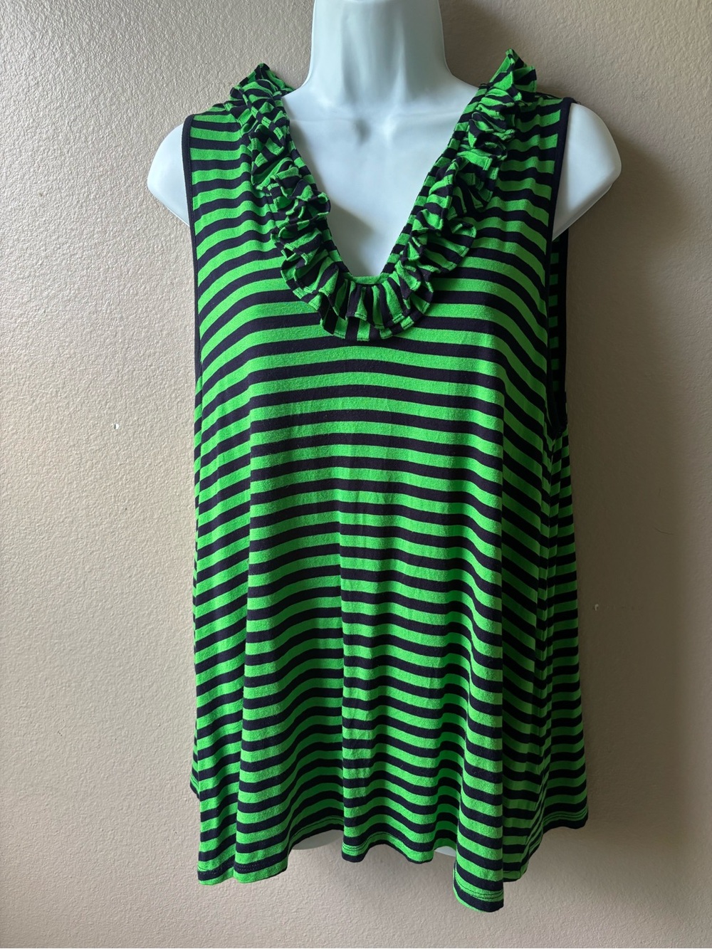 crown & ivy Green and Black Striped Ruffle V-Neck Tank